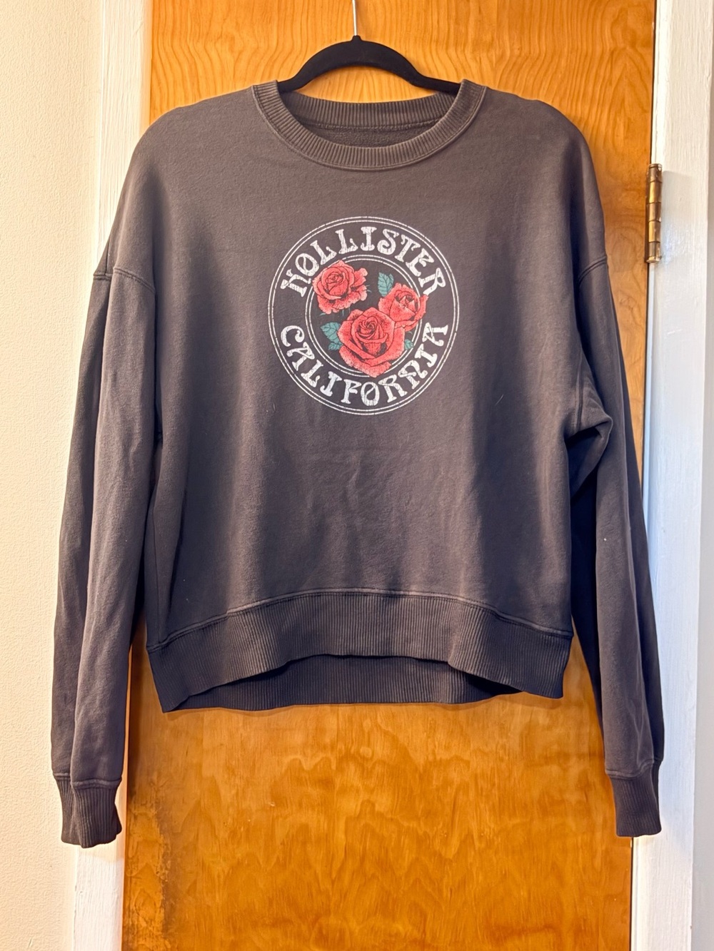 Hollister Dark Gray Crewneck Sweatshirt with Red Rose Graphic